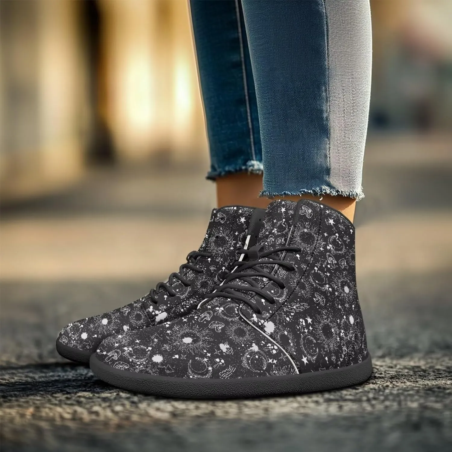 Moon Sun Men High Top Sneakers Lace-up Breathable PU Leather Shoes for Women Unique Versatile Wide Toe Shoes