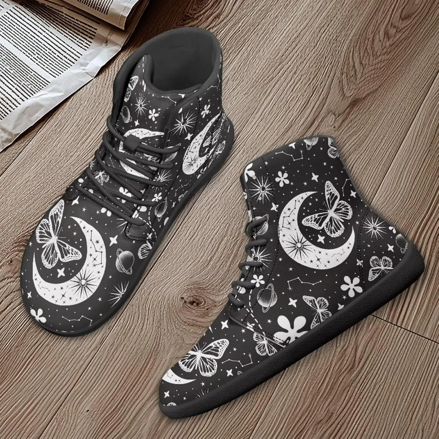 Moon Sun Men High Top Sneakers Lace-up Breathable PU Leather Shoes for Women Unique Versatile Wide Toe Shoes