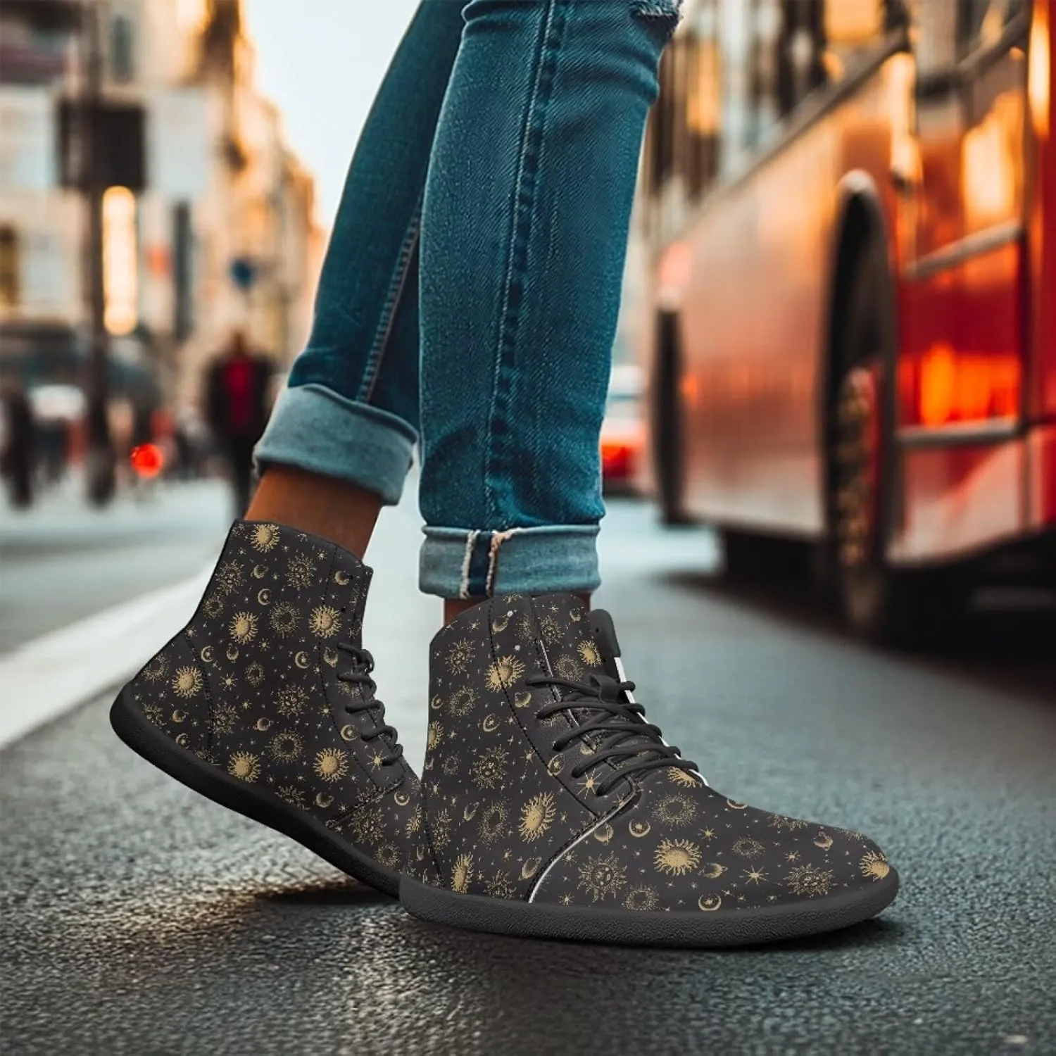 Moon Sun Men High Top Sneakers Lace-up Breathable PU Leather Shoes for Women Unique Versatile Wide Toe Shoes