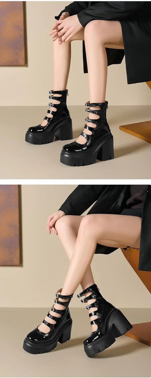 PU Leather Goth Street Style Mary Janes Women Shoes Round Toe Chunky Heel Loafers for Spring Break School Office Daily Outfits Cute Comfy Platforms
