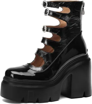 PU Leather Goth Street Style Mary Janes Women Shoes Round Toe Chunky Heel Loafers for Spring Break School Office Daily Outfits Cute Comfy Platforms