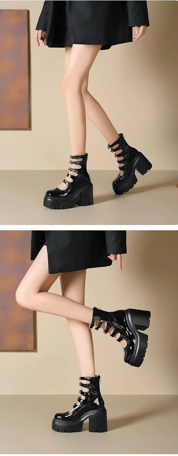 PU Leather Goth Street Style Mary Janes Women Shoes Round Toe Chunky Heel Loafers for Spring Break School Office Daily Outfits Cute Comfy Platforms