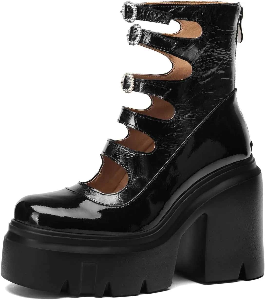 PU Leather Goth Street Style Mary Janes Women Shoes Round Toe Chunky Heel Loafers for Spring Break School Office Daily Outfits Cute Comfy Platforms