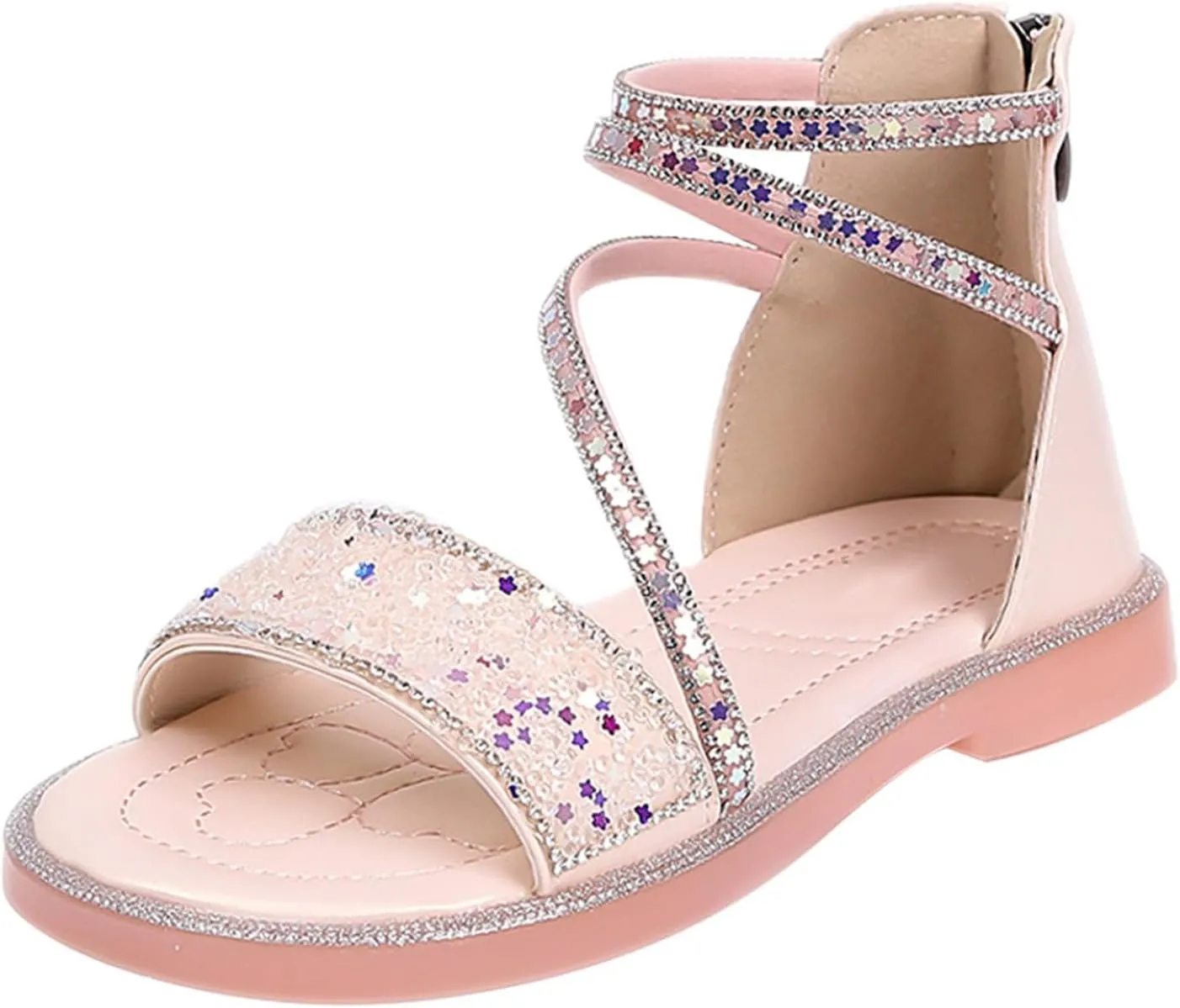 Strappy Roman Sandals for Girls Kids Leather Flat Sandals Open Toe Ankle Strap Back Zipper Comfortable Dress Shoes