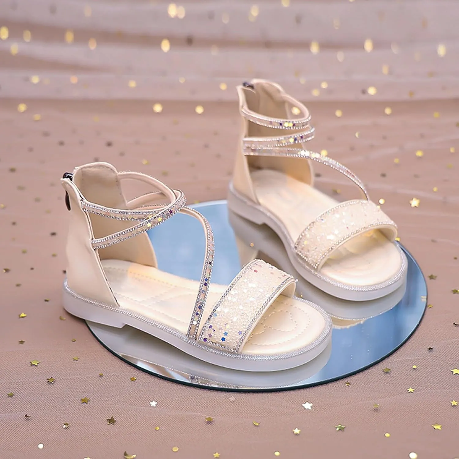 Strappy Roman Sandals for Girls Kids Leather Flat Sandals Open Toe Ankle Strap Back Zipper Comfortable Dress Shoes