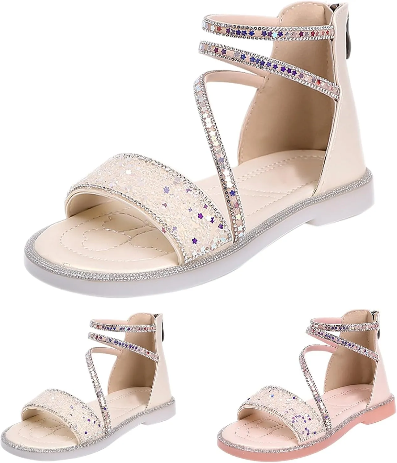 Strappy Roman Sandals for Girls Kids Leather Flat Sandals Open Toe Ankle Strap Back Zipper Comfortable Dress Shoes