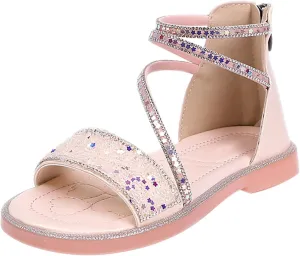 Strappy Roman Sandals for Girls Kids Leather Flat Sandals Open Toe Ankle Strap Back Zipper Comfortable Dress Shoes