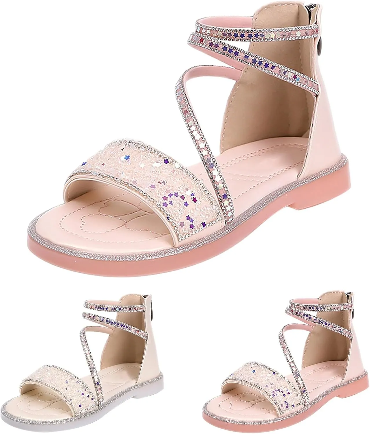 Strappy Roman Sandals for Girls Kids Leather Flat Sandals Open Toe Ankle Strap Back Zipper Comfortable Dress Shoes