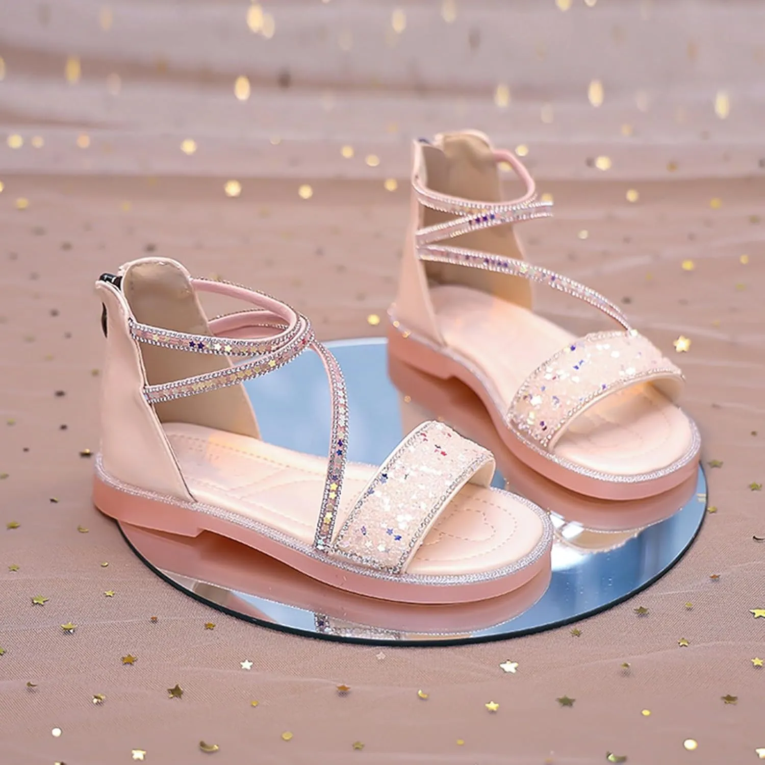 Strappy Roman Sandals for Girls Kids Leather Flat Sandals Open Toe Ankle Strap Back Zipper Comfortable Dress Shoes