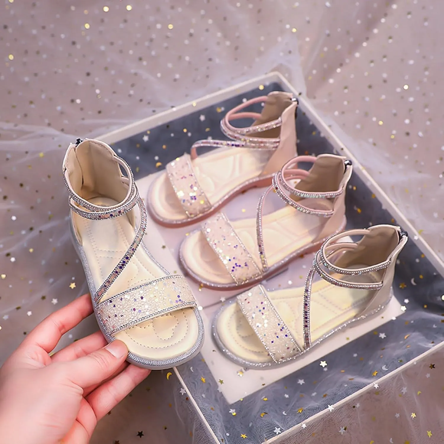 Strappy Roman Sandals for Girls Kids Leather Flat Sandals Open Toe Ankle Strap Back Zipper Comfortable Dress Shoes