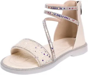 Strappy Roman Sandals for Girls Kids Leather Flat Sandals Open Toe Ankle Strap Back Zipper Comfortable Dress Shoes