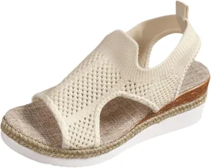 Walking Sandals Women Orthopedic Sandals Knit Hollow Out Breathable Espadrilles, Comfortable Slip on Walking Shoes Mesh Ankle Strap Platform Summer Shoes