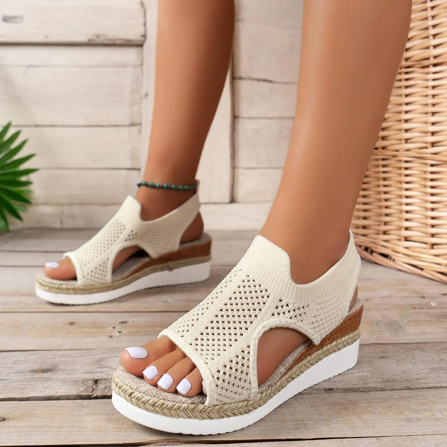 Walking Sandals Women Orthopedic Sandals Knit Hollow Out Breathable Espadrilles, Comfortable Slip on Walking Shoes Mesh Ankle Strap Platform Summer Shoes
