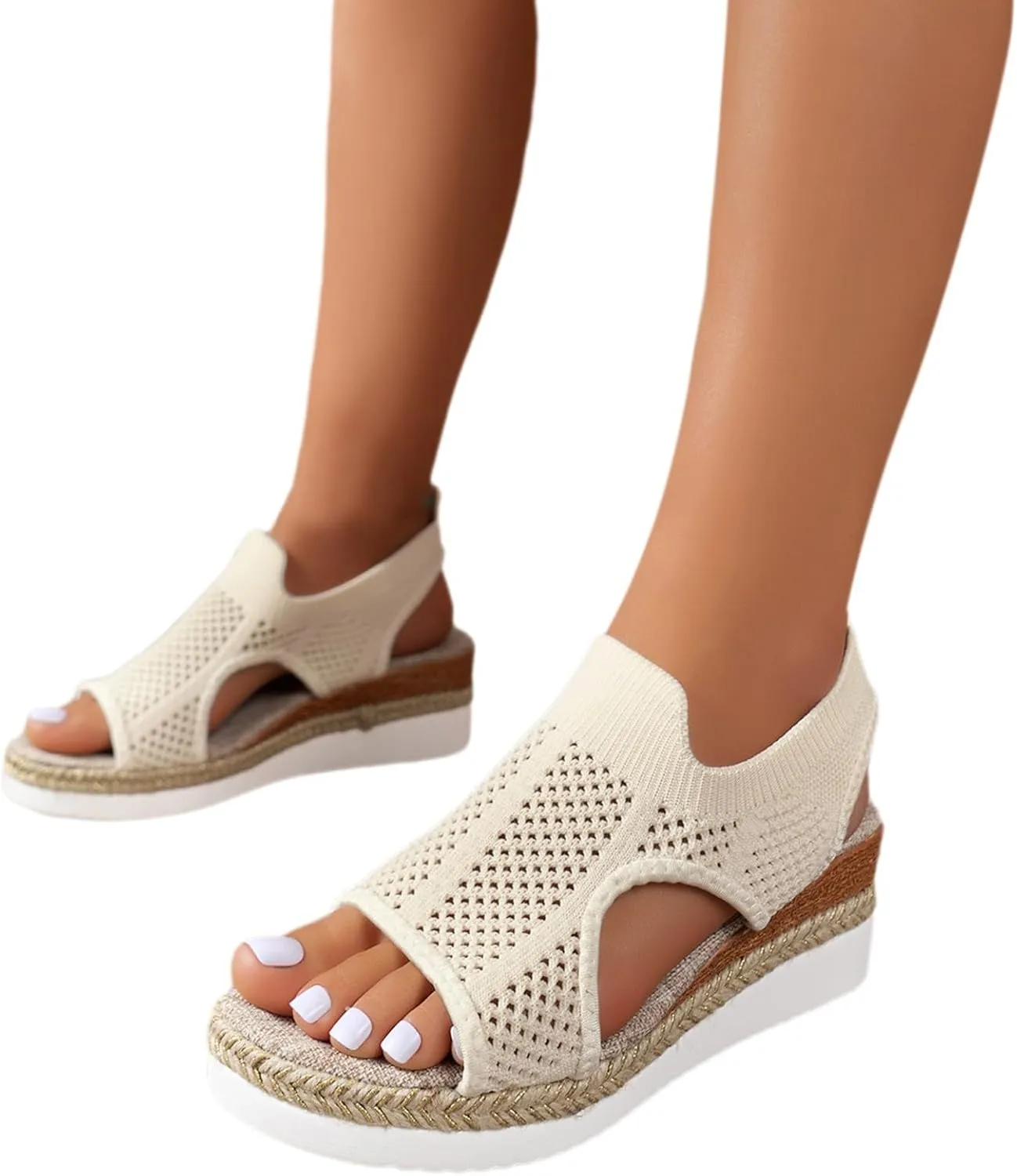 Walking Sandals Women Orthopedic Sandals Knit Hollow Out Breathable Espadrilles, Comfortable Slip on Walking Shoes Mesh Ankle Strap Platform Summer Shoes