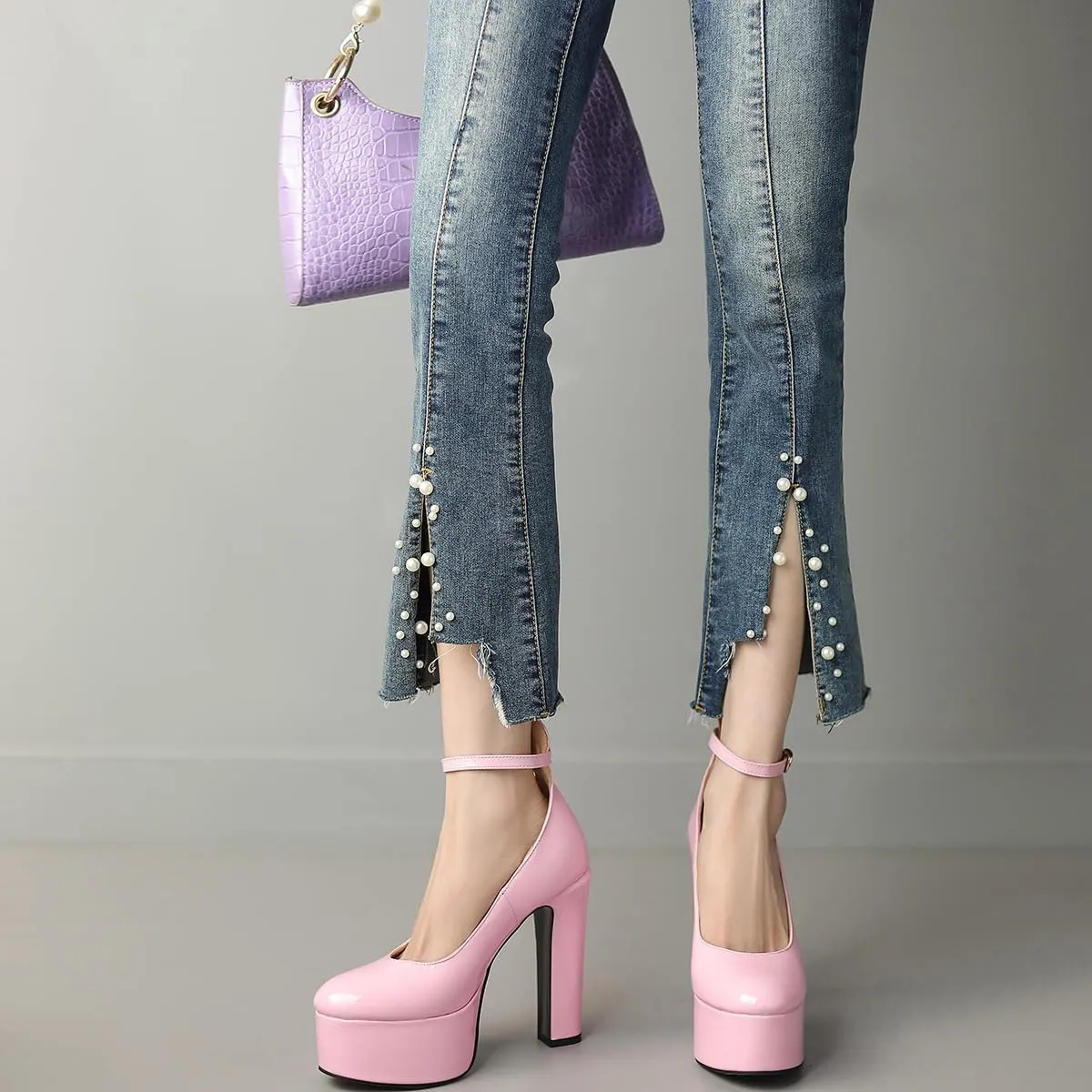 Womens Ankle Strap Thick Heel Platform Pumps Round Toe Block Heels Prom Pumps Buckles Flatform Dress Shoes