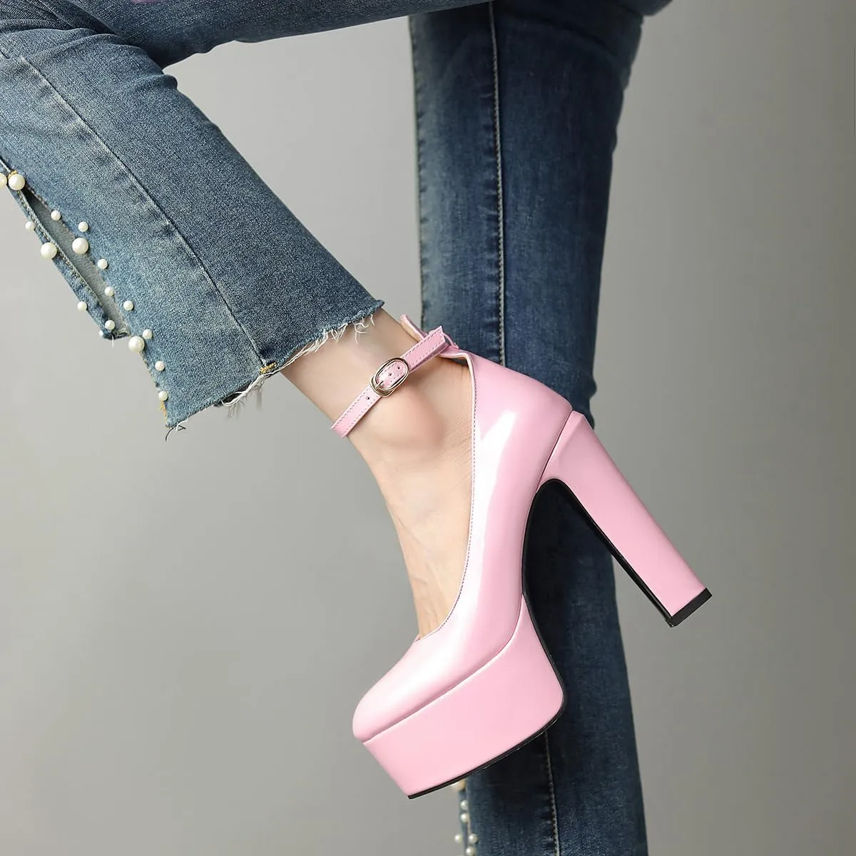 Womens Ankle Strap Thick Heel Platform Pumps Round Toe Block Heels Prom Pumps Buckles Flatform Dress Shoes