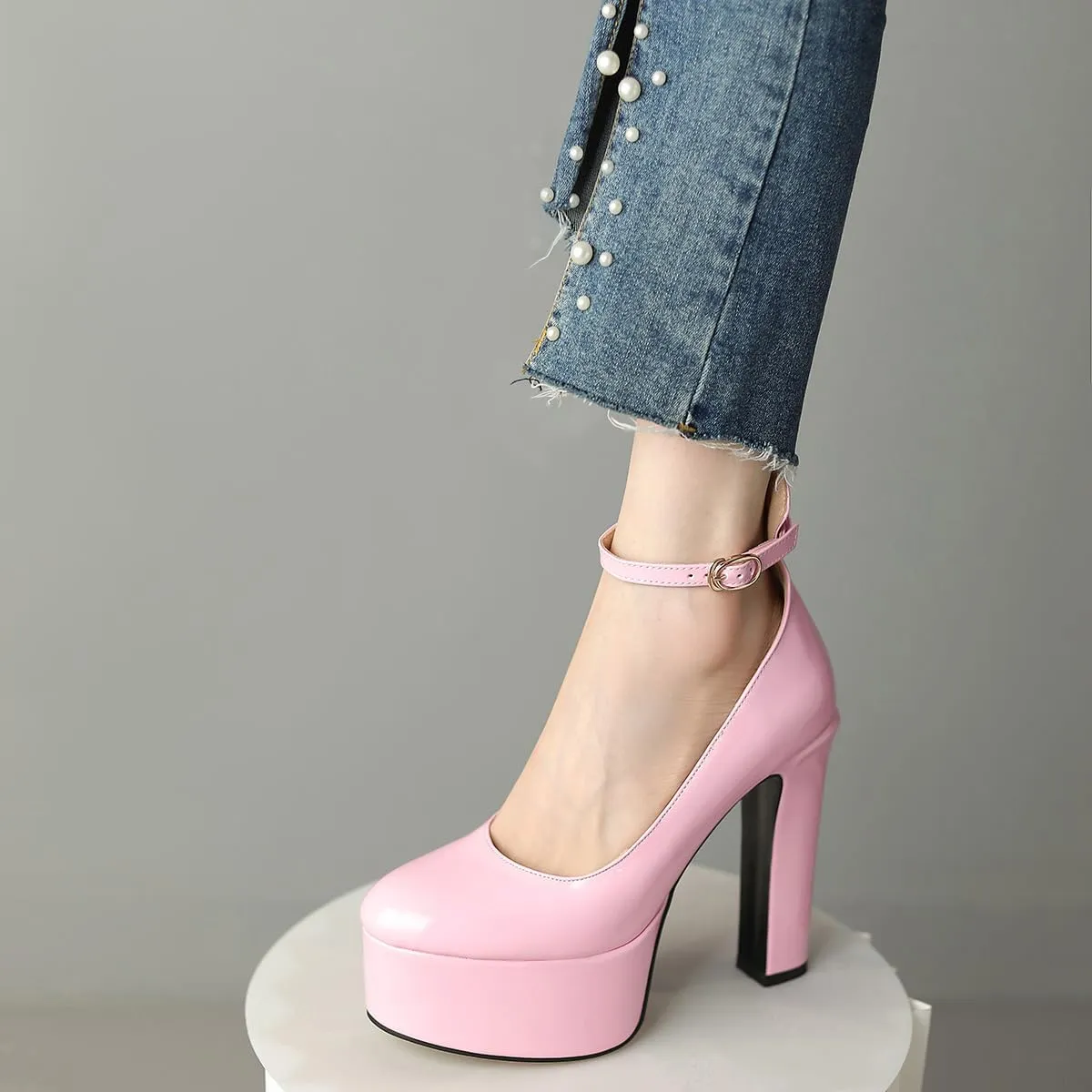 Womens Ankle Strap Thick Heel Platform Pumps Round Toe Block Heels Prom Pumps Buckles Flatform Dress Shoes
