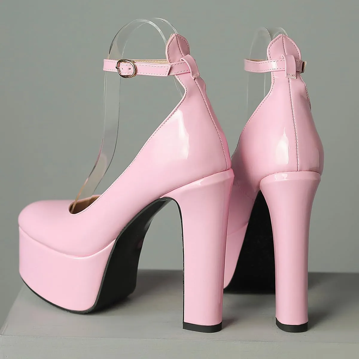 Womens Ankle Strap Thick Heel Platform Pumps Round Toe Block Heels Prom Pumps Buckles Flatform Dress Shoes