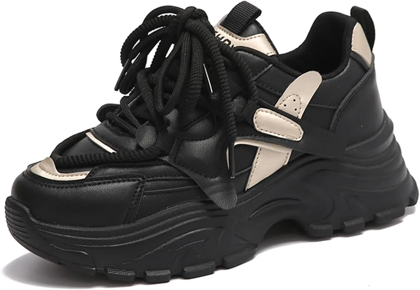 Womens Fashion Leather Lace Up Chunky Sneakers Lightweight Non-Slip Round Toe Walking Driving Shoes for Workout Daily Journey
