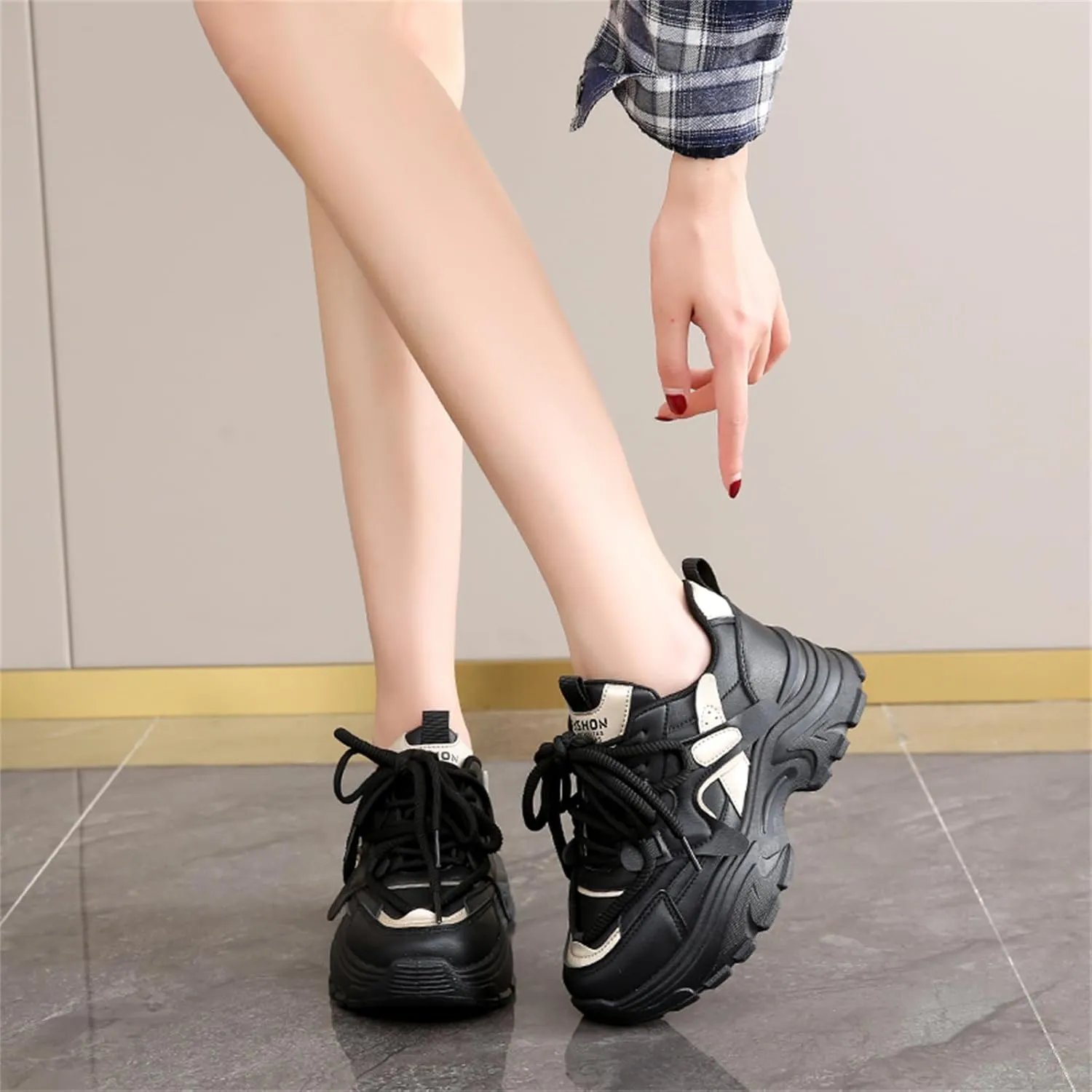 Womens Fashion Leather Lace Up Chunky Sneakers Lightweight Non-Slip Round Toe Walking Driving Shoes for Workout Daily Journey
