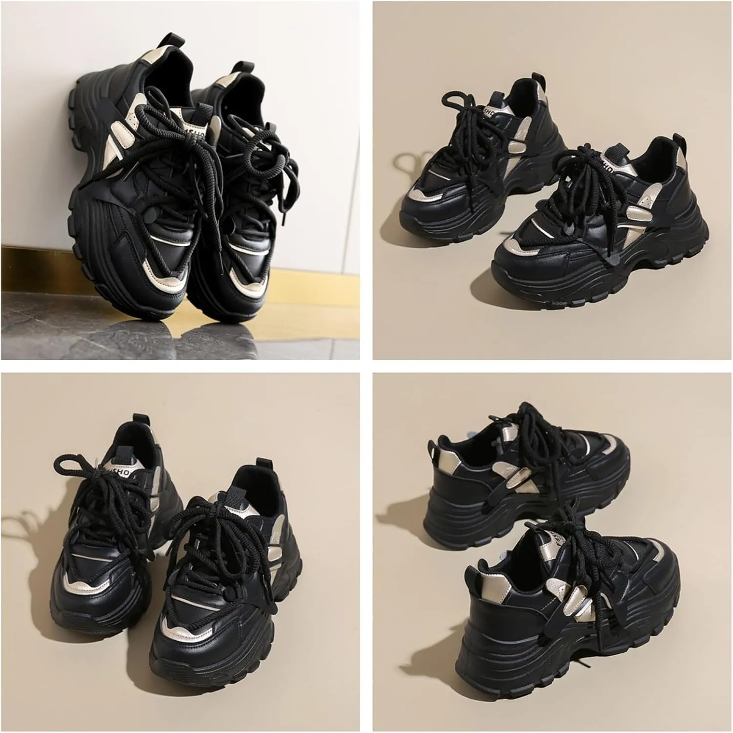 Womens Fashion Leather Lace Up Chunky Sneakers Lightweight Non-Slip Round Toe Walking Driving Shoes for Workout Daily Journey