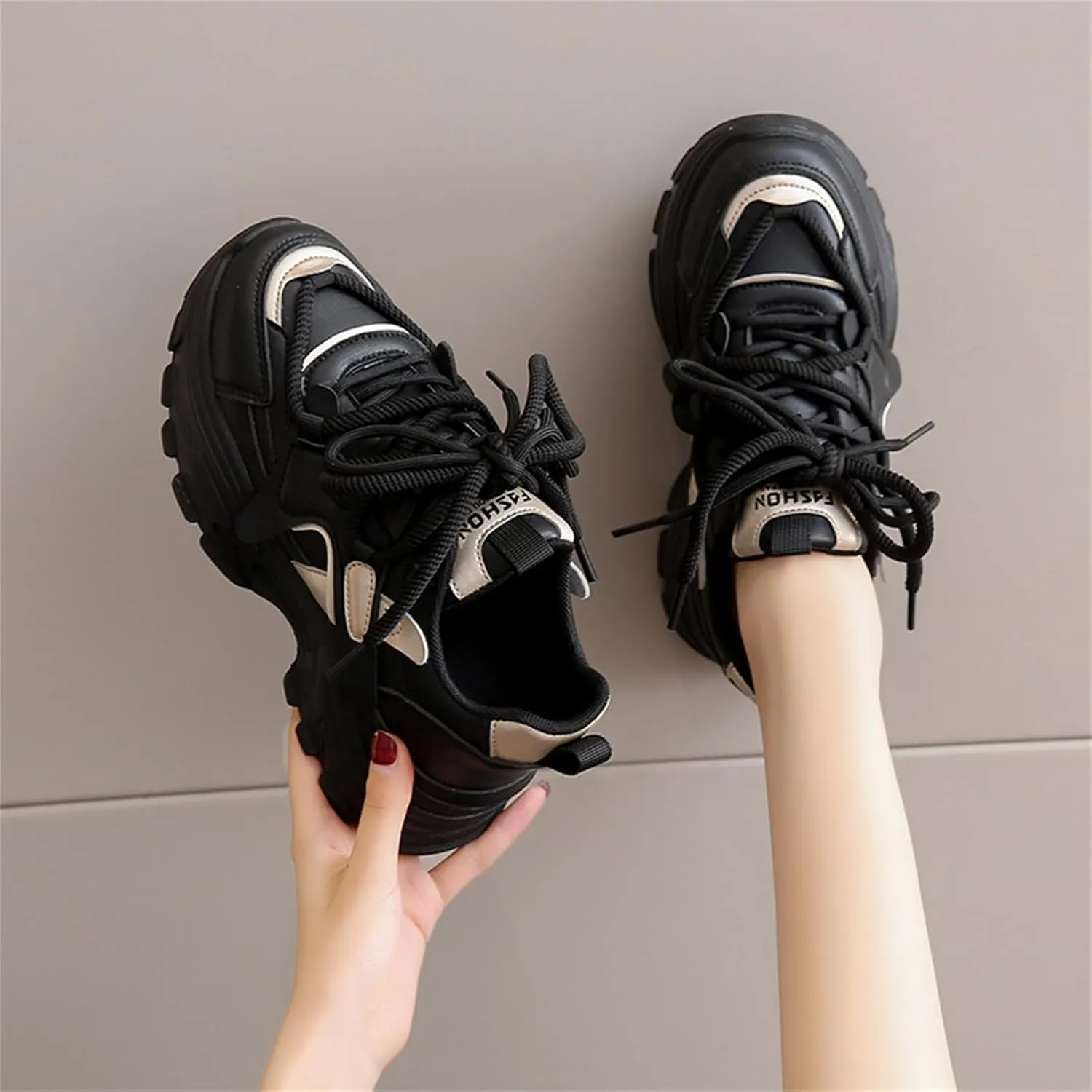 Womens Fashion Leather Lace Up Chunky Sneakers Lightweight Non-Slip Round Toe Walking Driving Shoes for Workout Daily Journey