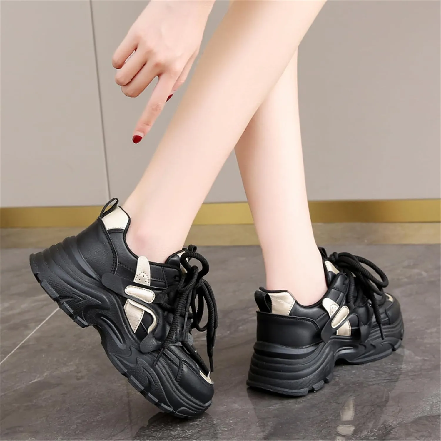 Womens Fashion Leather Lace Up Chunky Sneakers Lightweight Non-Slip Round Toe Walking Driving Shoes for Workout Daily Journey