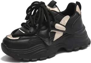Womens Fashion Leather Lace Up Chunky Sneakers Lightweight Non-Slip Round Toe Walking Driving Shoes for Workout Daily Journey