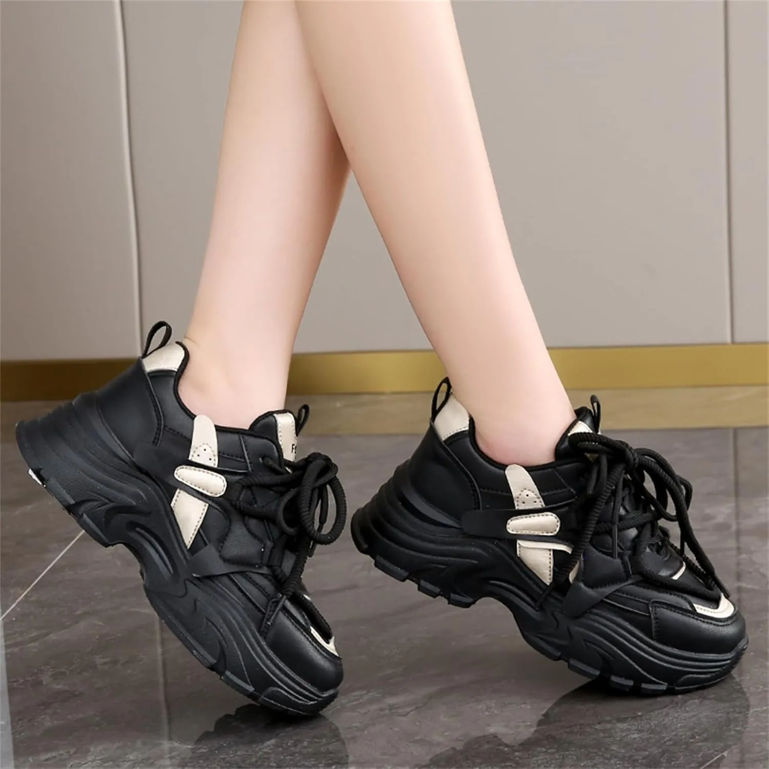 Womens Fashion Leather Lace Up Chunky Sneakers Lightweight Non-Slip Round Toe Walking Driving Shoes for Workout Daily Journey