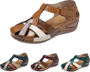 Womens Leather Sandals Bohemia Vintage Closed Toe Wedge Shoes Hollow Out Cross Orthopedic Sandals Breathable Outdoor Shoes