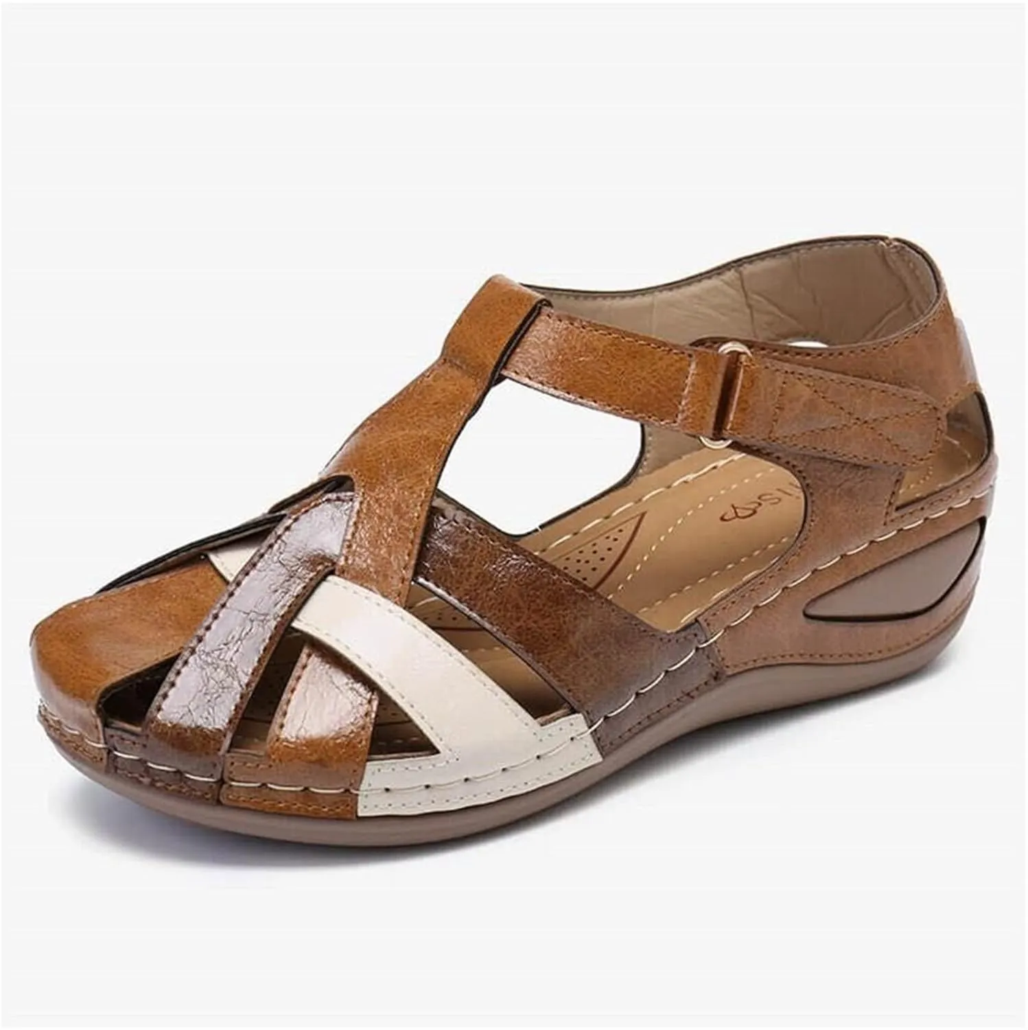 Womens Leather Sandals Bohemia Vintage Closed Toe Wedge Shoes Hollow Out Cross Orthopedic Sandals Breathable Outdoor Shoes