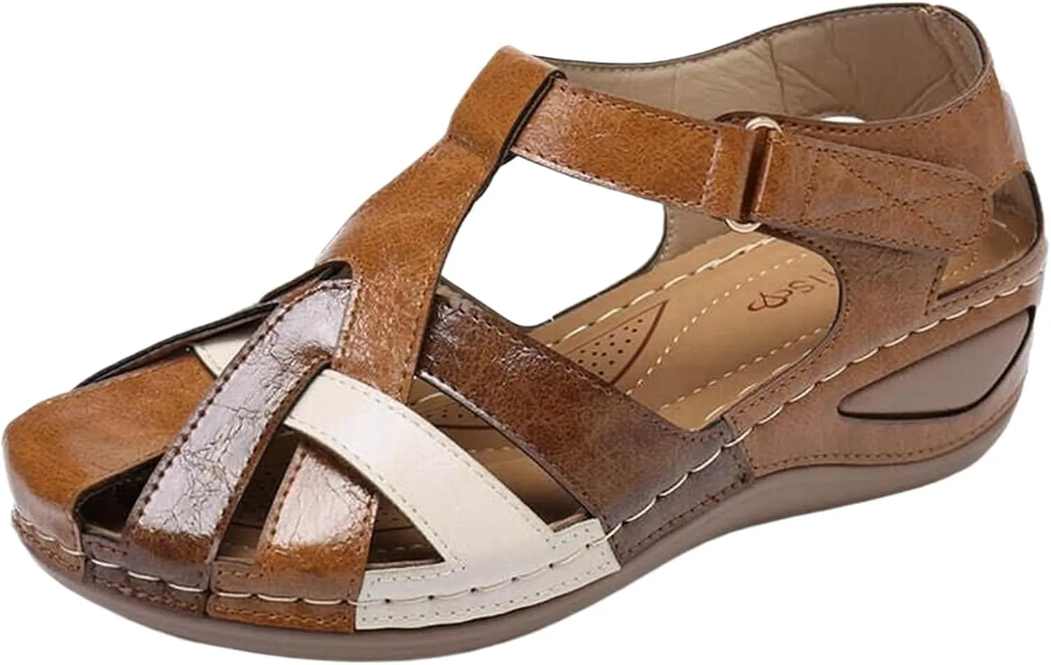 Womens Leather Sandals Bohemia Vintage Closed Toe Wedge Shoes Hollow Out Cross Orthopedic Sandals Breathable Outdoor Shoes