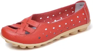 Womens Loafers Comfortable Dressy Slip-On Leather Flats Shoes Comfort Casual Walking Driving Flats Loafers Hollow Out Breathable Vacation Sandals for Women