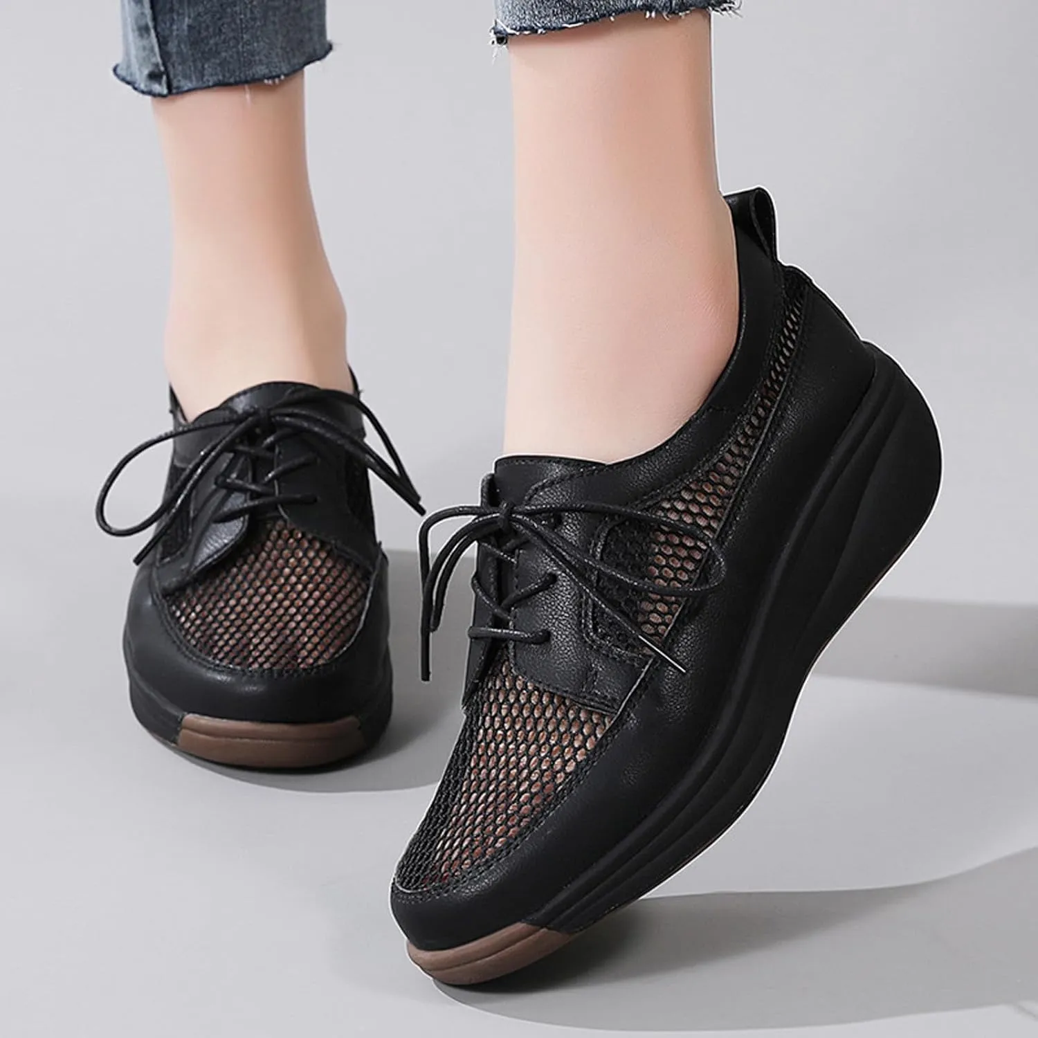 Women's Mesh Cutout Platform Lace up Casual Sneakers Comfort Breathable Non-Slip Low Top Tennis Shoes for Work Workout Sports