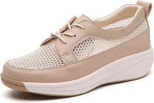 Women's Mesh Cutout Platform Lace up Casual Sneakers Comfort Breathable Non-Slip Low Top Tennis Shoes for Work Workout Sports