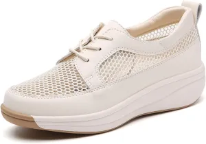 Women's Mesh Cutout Platform Lace up Casual Sneakers Comfort Breathable Non-Slip Low Top Tennis Shoes for Work Workout Sports