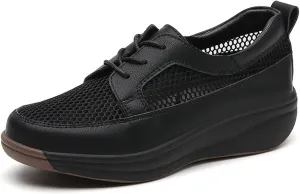 Women's Mesh Cutout Platform Lace up Casual Sneakers Comfort Breathable Non-Slip Low Top Tennis Shoes for Work Workout Sports