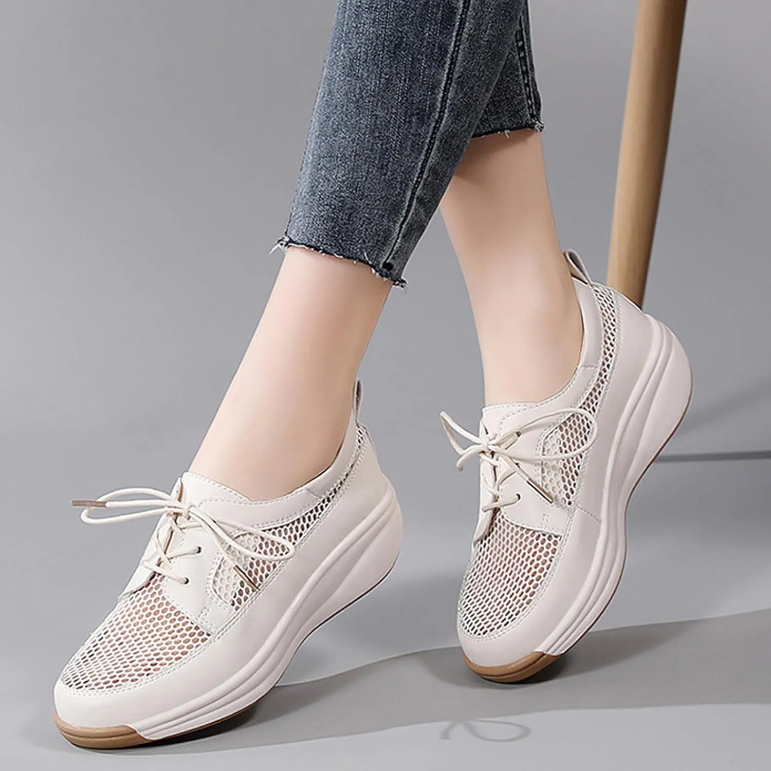 Women's Mesh Cutout Platform Lace up Casual Sneakers Comfort Breathable Non-Slip Low Top Tennis Shoes for Work Workout Sports