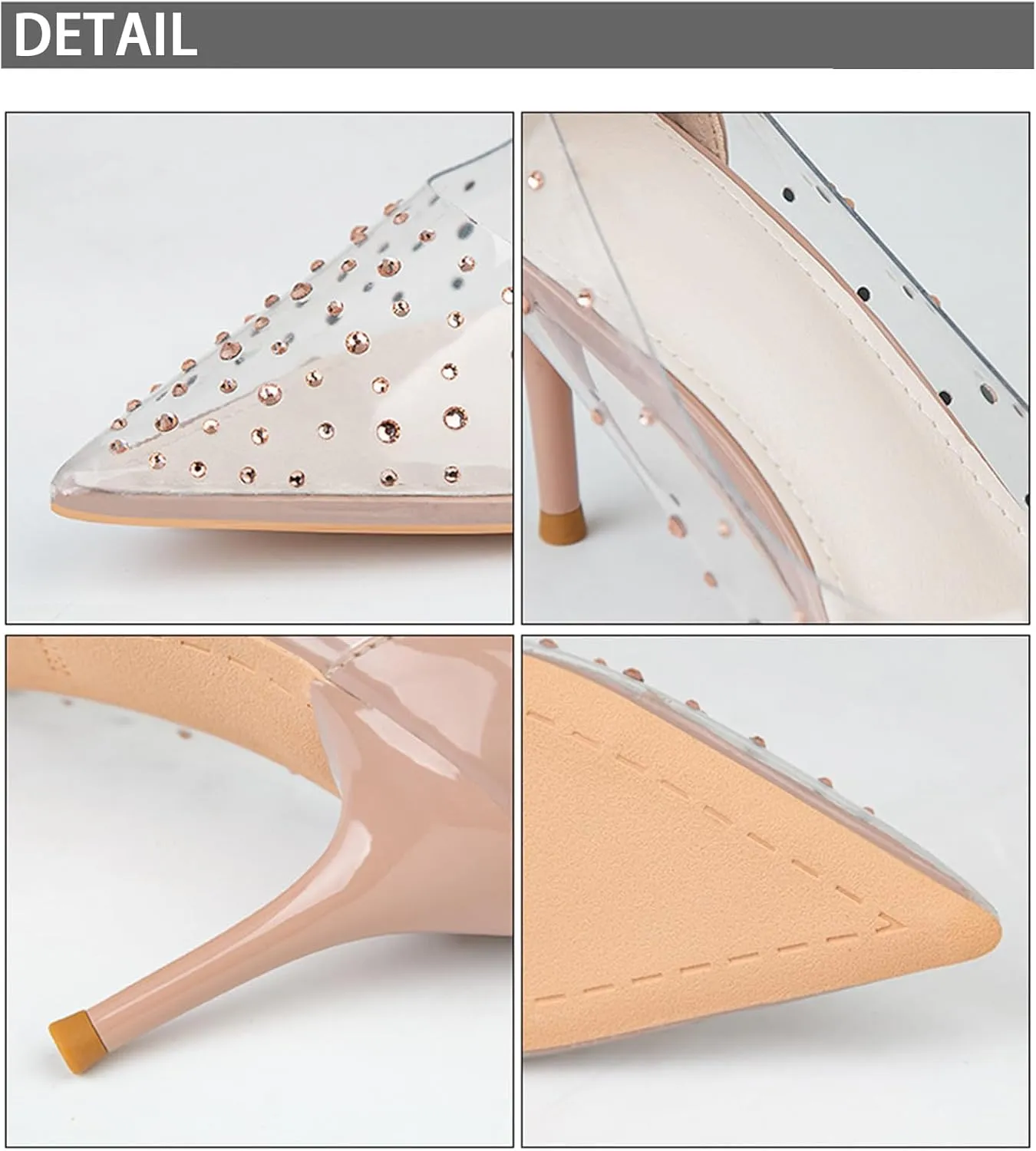 Women's Rhinestone Clear PVC Stiletto Pumps Sexy Pointed Toe Slip On Lightweight High Heel Dress Shoes for Party Prom Evening Wedding Shoes