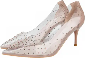 Women's Rhinestone Clear PVC Stiletto Pumps Sexy Pointed Toe Slip On Lightweight High Heel Dress Shoes for Party Prom Evening Wedding Shoes