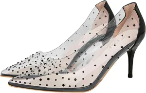 Women's Rhinestone Clear PVC Stiletto Pumps Sexy Pointed Toe Slip On Lightweight High Heel Dress Shoes for Party Prom Evening Wedding Shoes
