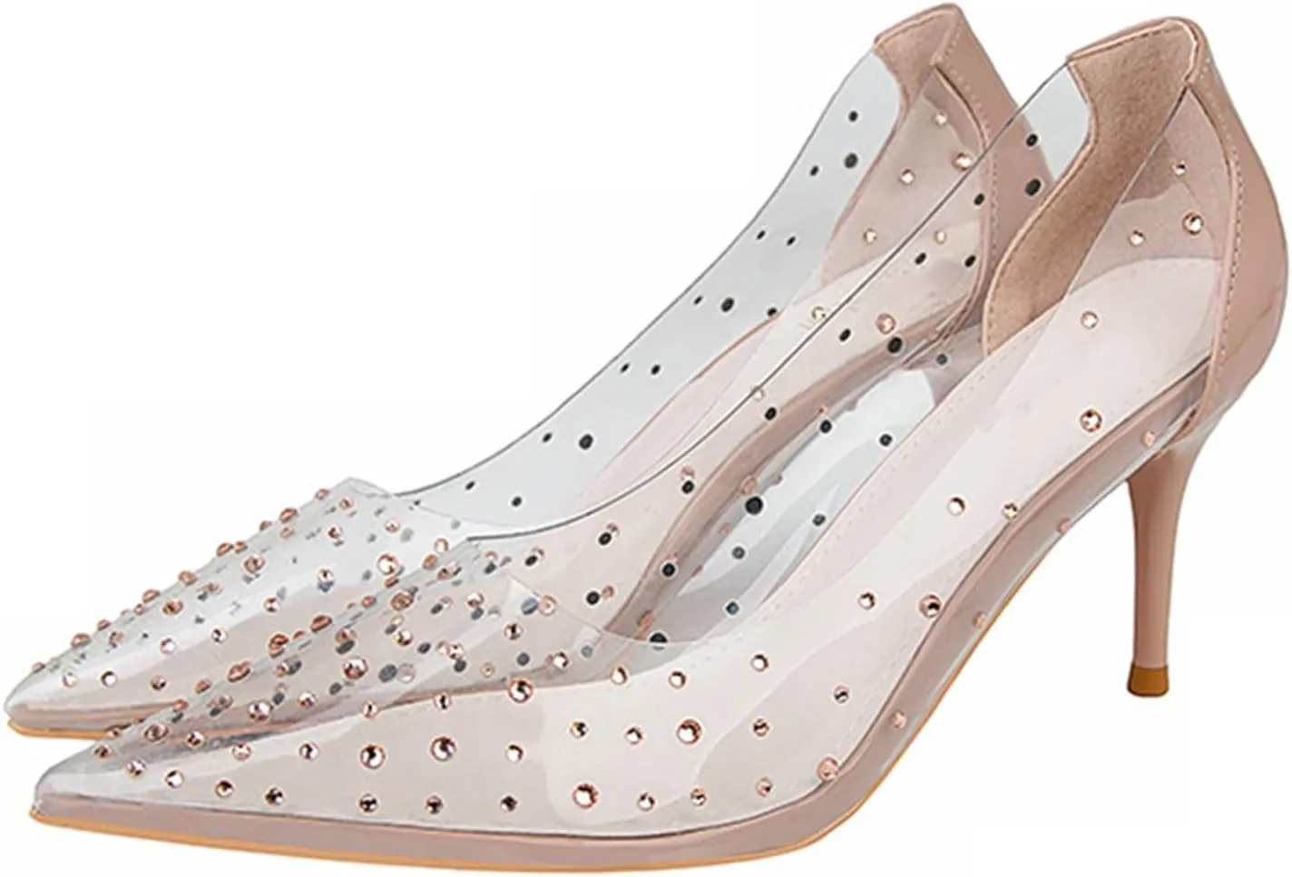Women's Rhinestone Clear PVC Stiletto Pumps Sexy Pointed Toe Slip On Lightweight High Heel Dress Shoes for Party Prom Evening Wedding Shoes
