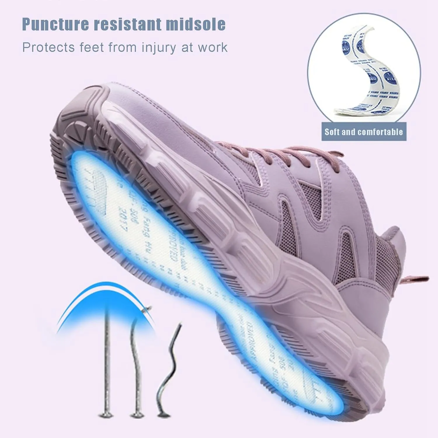 Women's Steel Toe Safety Shoes Lightweight Breathable Casual Sneakers Smash and Puncture Resistant Work Shoes,Purple/Black (Color : Purple, Size : 5.5)